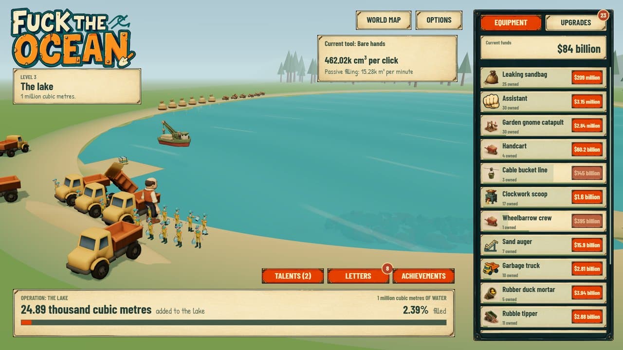 Gameplay: the lake, with trucks and sandbags along the shore